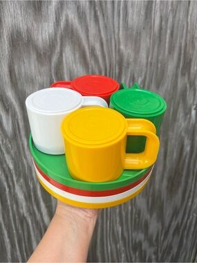 Vintage Ingrid Stackable mugs and Plates Set -Yellow, Green, Red, White set of 4